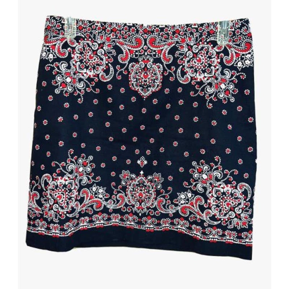 Talbots Size 12 Pencil SKIRT Twill Navy Red Americana Bandana Paisley Print